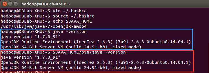 执行 echo $JAVA_HOME 与 java -version 的验证结果
