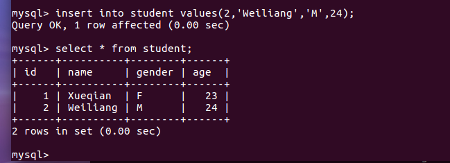 student 表插入两行样例数据后的查询结果