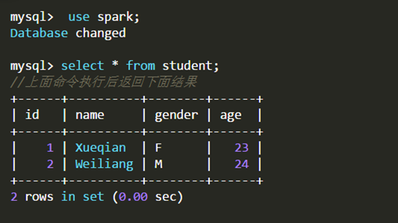 MySQL 中执行建库建表语句并查看 student 表内容