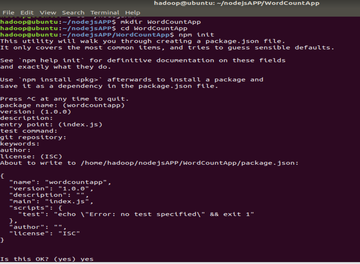 npm init 生成 package.json 的终端输出