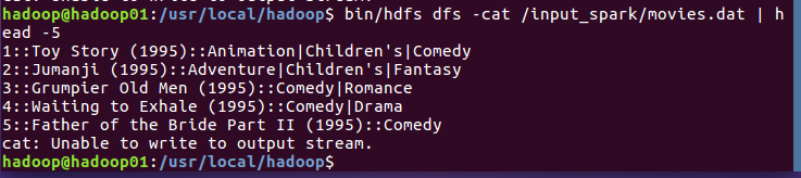 HDFS 中 movies.dat 前五行数据的查看结果